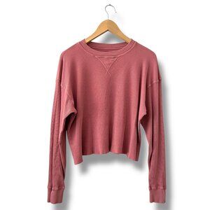 John Galt Thermal Knit Top Women M Dusty Mauve Long Sleeve Boxy Raw Hem Casual